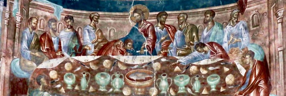 Fresque de la Cène, monastère d'Ubissa, Géorgie. Art médiéval géorgien par le peintre Damiané, XIVe siècle.