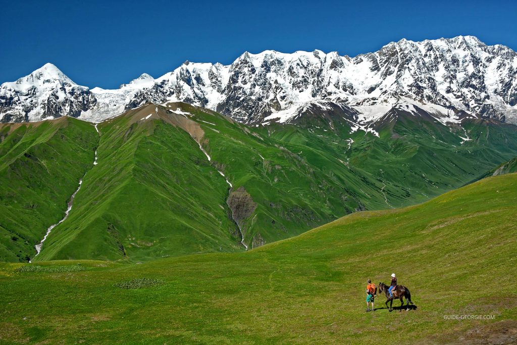 Cavaleur et cheval sur un sentier de montagne avec sommets et pâturages en arrière-plan