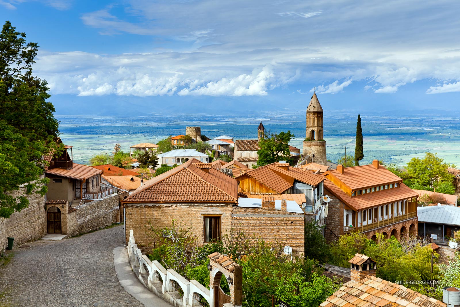 Vue d'une ville sur une colline avec maisons colorées et remparts, montagnes en arrière-plan