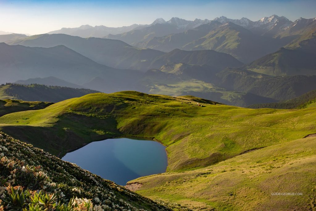 Lac entouré de chaînes de montagnes, berges fleuries de rhododendrons et ciel dégagé